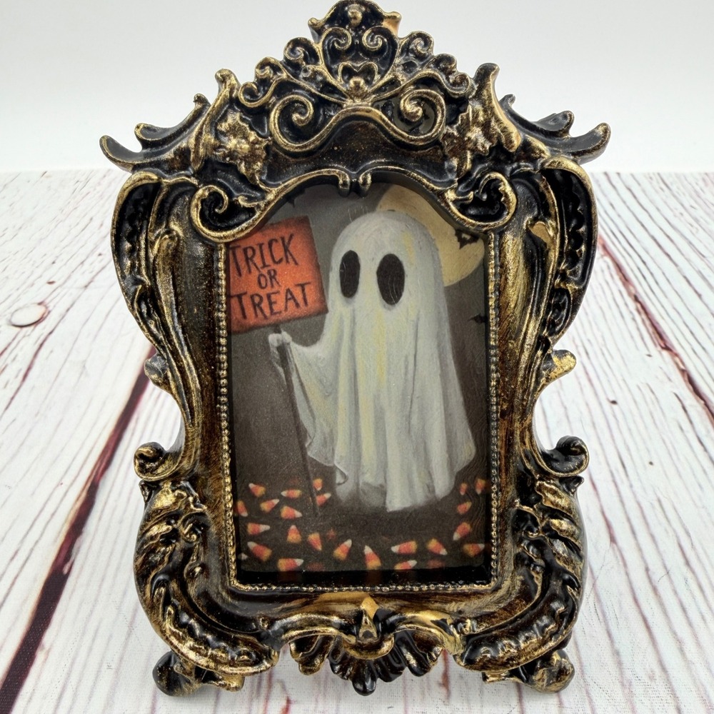 Handmade Ornate Ghost Trick or Treat Decoupage Resin Frame Halloween Decor